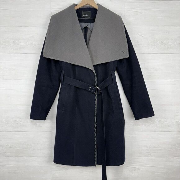 Sam Edelman Double Face Wrap Coat Women XL Navy Gray Long Belted Wing Collar - Picture 1 of 16